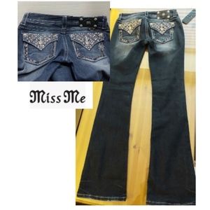 MISS ME JEANS Stretch Bootcut SEQUIN Rhinestone Flap Pocket Jeans